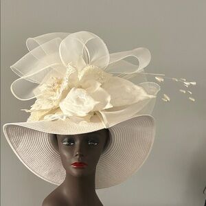 Elegant Cream Wide-Brim Floral Wedding Hat - Brand